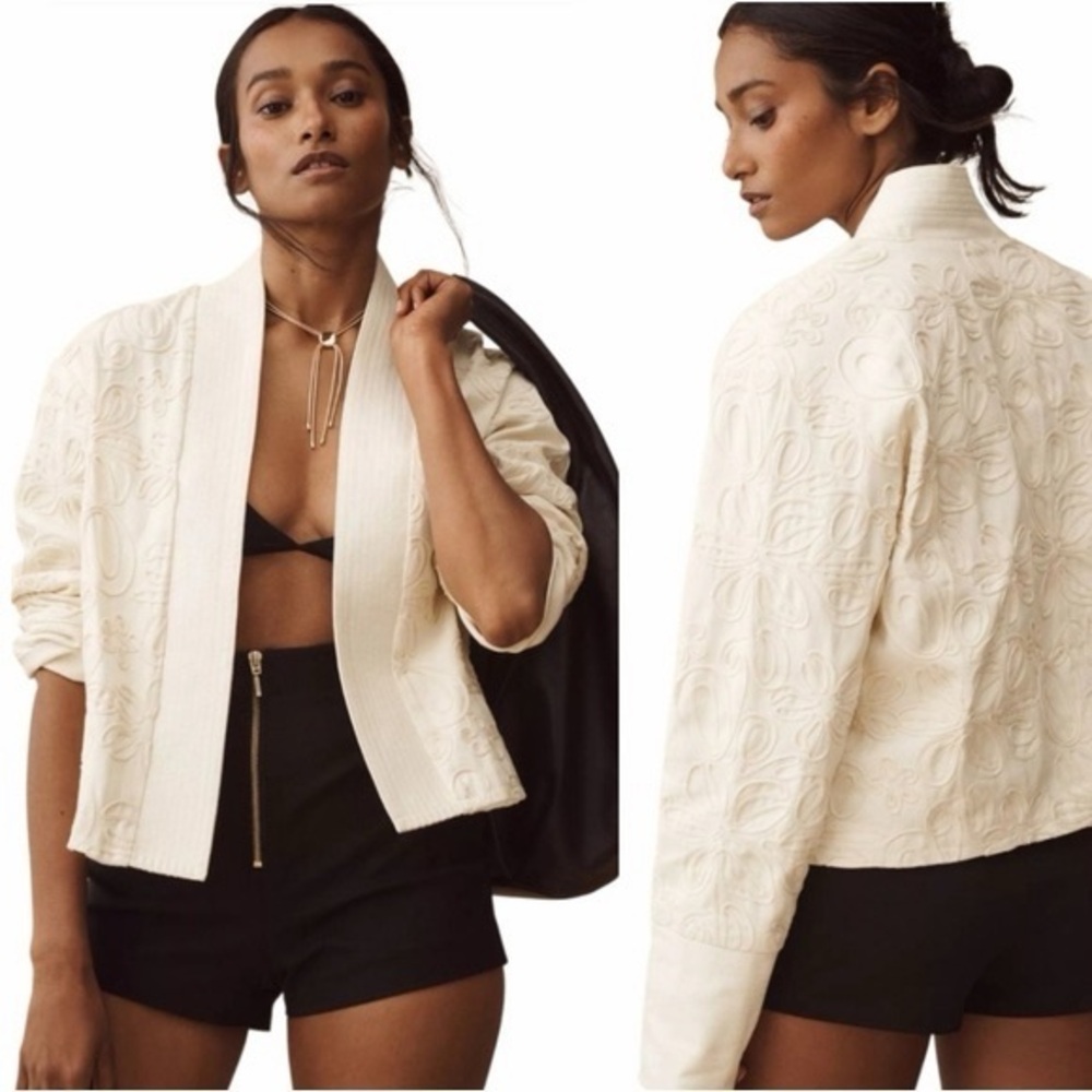 NWOT Anthropologie Dolan Chloe String Embroidery crop Cream Jacket Sz XS cotton